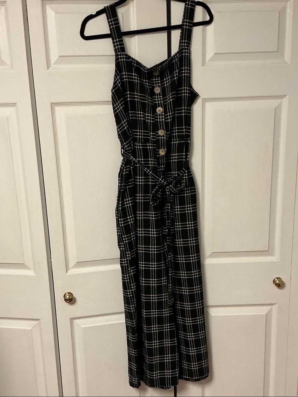 Black Plaid Button-Front Jumpsuit with Tie Waist